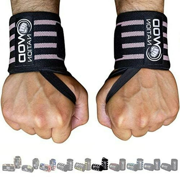 WOD Nation Weightlifting Wrist Wraps - 12-Inch, Black & Pink - Wrist Support & Lifting Straps for Powerlifting & Strength Training with Thumb Loop