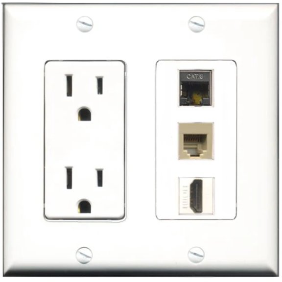 RiteAV - 15 Amp Power Outlet 1 Port HDMI 1 Port Phone Beige 1 Port Shielded Cat6 Ethernet Ethernet Decorative Wall Plate