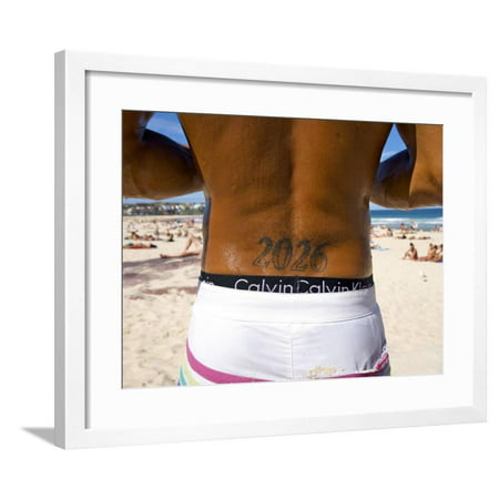 Man with Bondi Post Code Tattooed on His Back Standing on Bondi Beach Framed Print Wall Art By Oliver