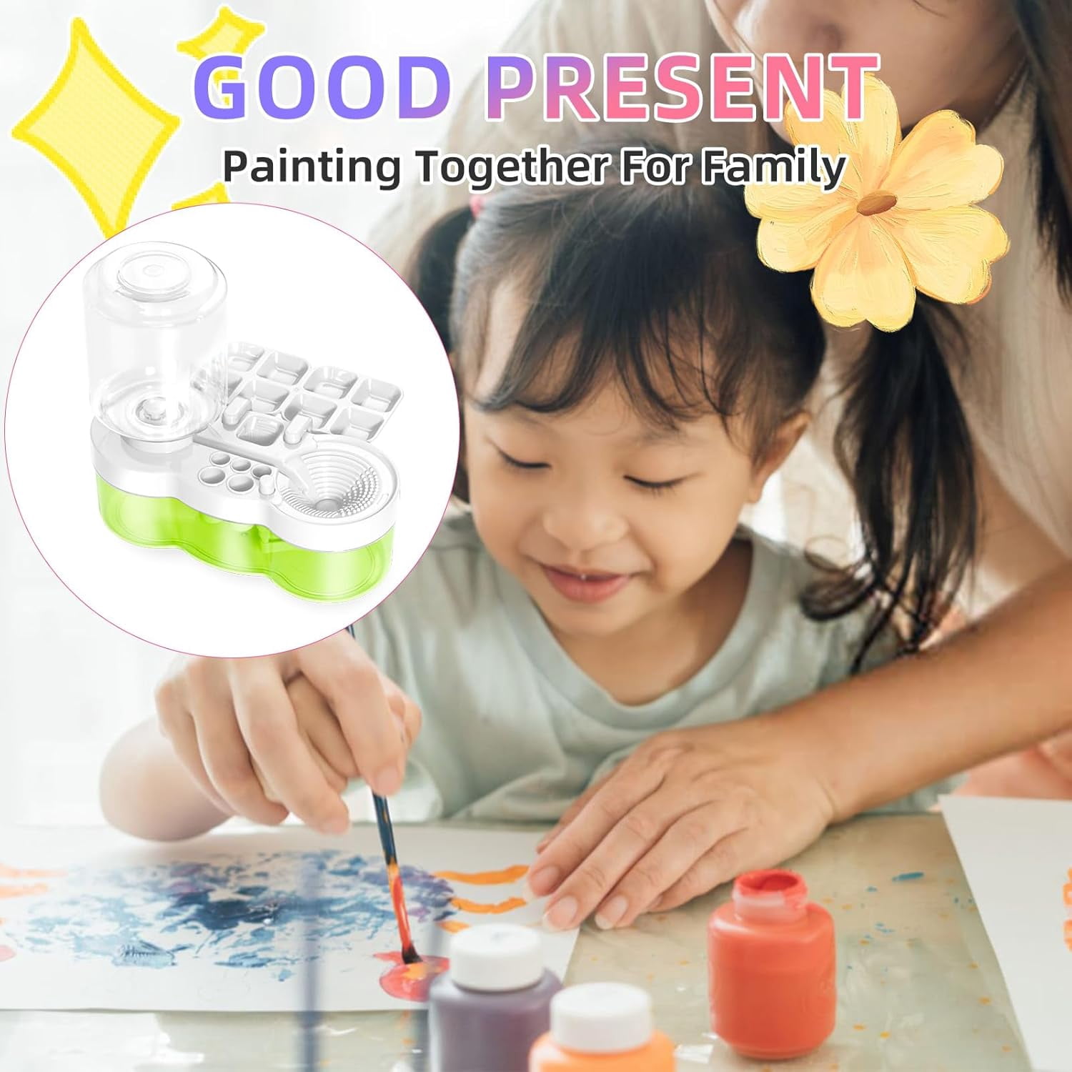 ABPETE Paint Brush Cleaner with Paint Tray, Upgraded 6-in-1 Painting Supplies with Drain and Brush Holder, Water Circulation Painting Supplies for Acrylic, Watercolor, Water Based Paints（White）