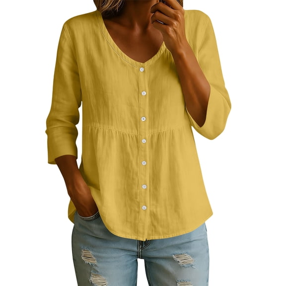 Cotton Linen Tops for Women,3/4 Sleeve Tops for Women Summer V-Neck Button Down Cotton Linen Shirts Solid Color Loose Dressy Casual Blouses