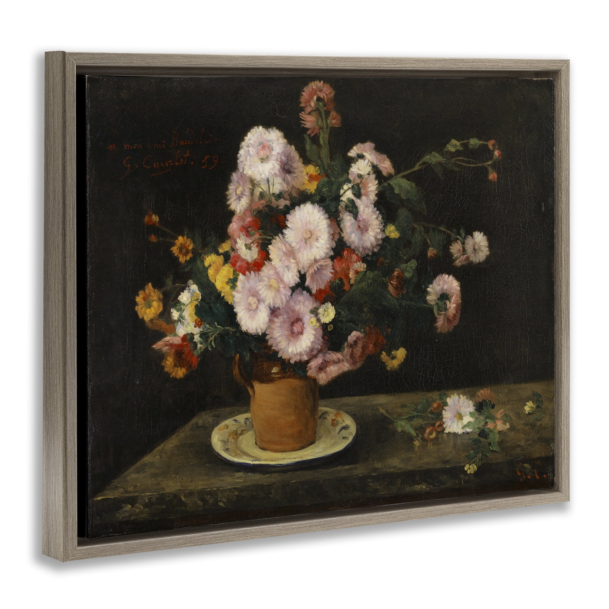 Stupell Industries Classical Bouquet of Asters Plants & Flowers Painting Brown Floater Framed Canvas Art Print Wall Art, 21 x 17