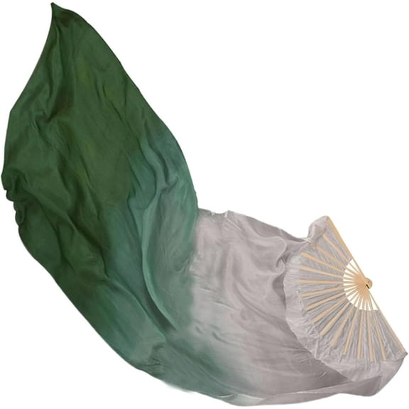 Belly Dance Silk Fans Dark Green White Veil 59in Right Hand