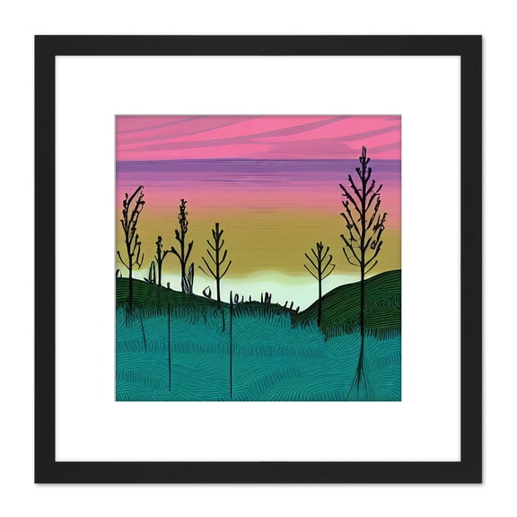 Forest Hill Sunset Sunrise Sky Landscape Painting Pink Purple Green Teal Square Wooden Framed Wall Art Print Picture 8X8 Inch