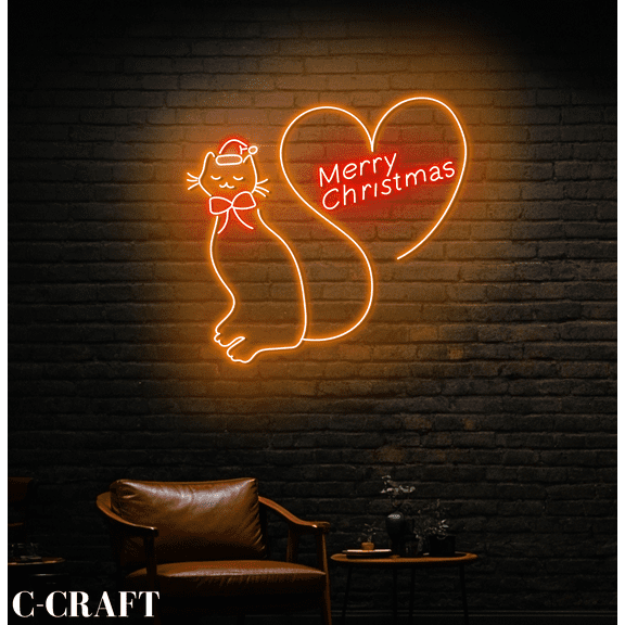 C-CRAFT Cat Merry Christmas Neon Sign Wall Decor LED Light Decorations Indoor_Outdoor Use