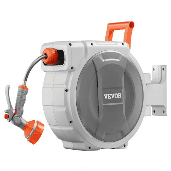 Space Saving Wall Mount Retractable Garden Hose Reel, 65 Feet 1/2 Inch Expandable Hose with Ergonomic Spray Gun