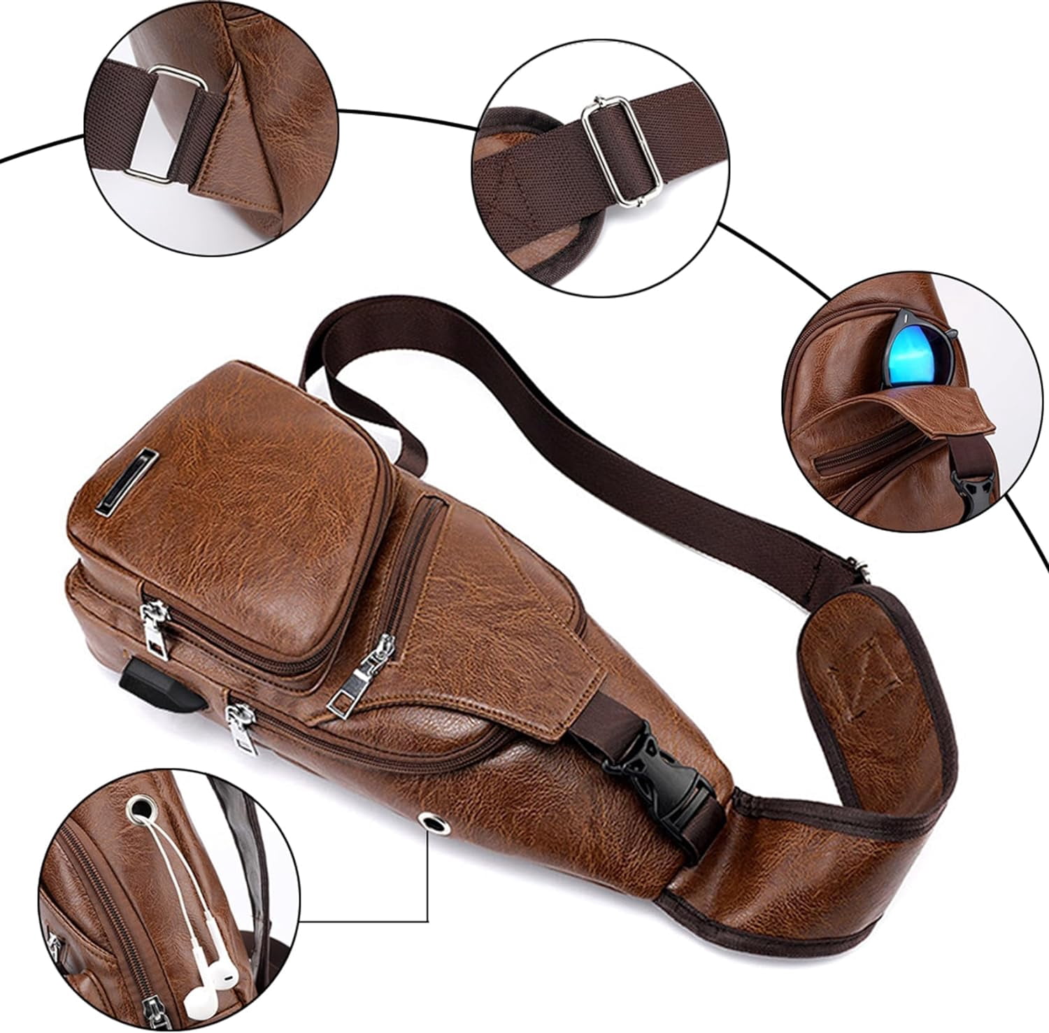 Men's Sling Bag Small Chest Crossbody Shoulder Bag with USB Charging Port