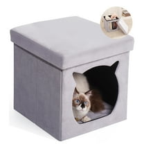 CJC Velvet Folding Pet Ottoman Cube as Cat House, Accent Pet Furniture, Footrest Stool with Cat Bed, Square, Gray