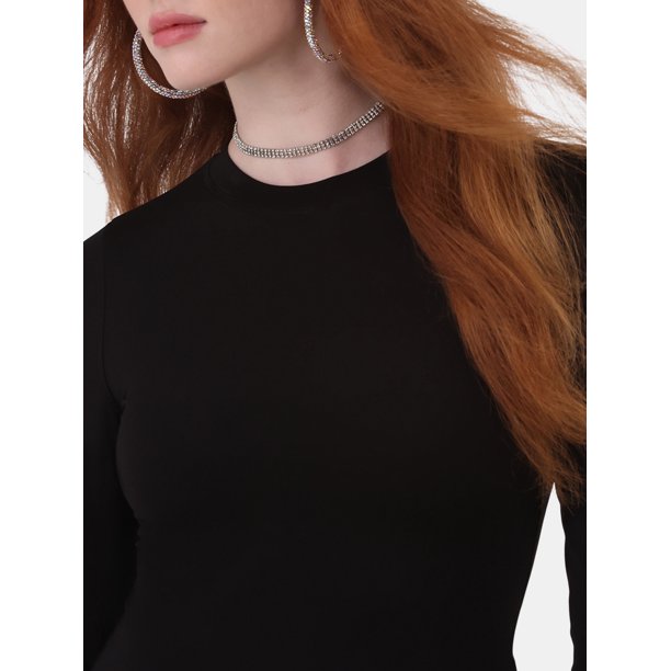 No Boundaries Crewneck Bodysuit with Long Sleeves, Women's and