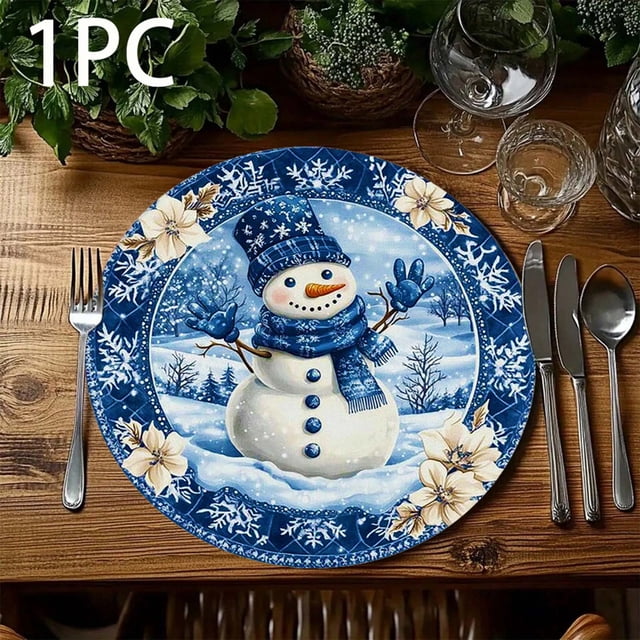 Christmas Snowman Placemat Set - Non-Slip Round Holiday Table Decor with Snowman Design for Festive Dining