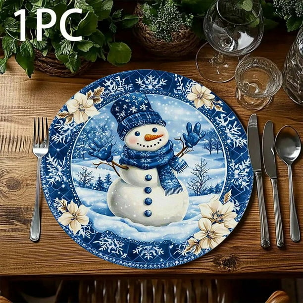 Manteles individuales de poliéster, decoraciones navideñas, manteles individuales de muñeco de nieve navideños, manteles individuales redondos, manteles individuales, decoración de mesa, decoraciones