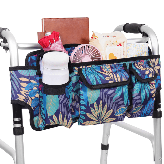 Lefeke Walker Basket, Folding Walker Storage Bag with Zipper and Cover, Large Capacity Waterproof Durable WheelChair Bag, Armrest Side Storage Hanging Bag, Portable Versatile Organizer(Flower Color)
