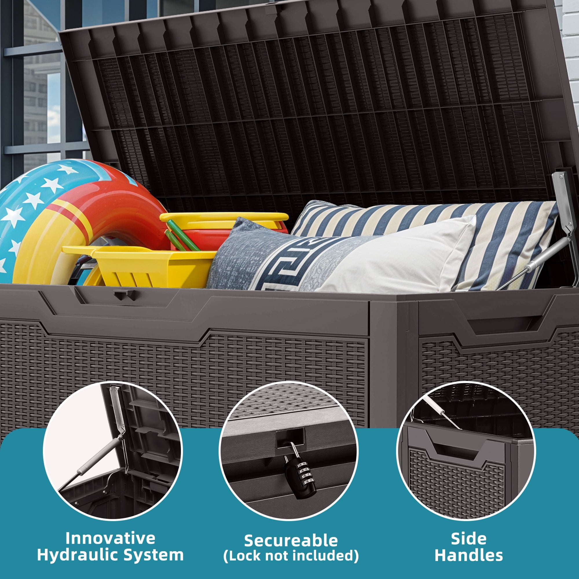 Uforic 100 Gallon Lockable Resin Outdoor Storage Deck Box, Uforic Multipurpose Storage Chest for Patio Accessories Garden Tools Daily Essentials, Weather Resistant, Dark Brown