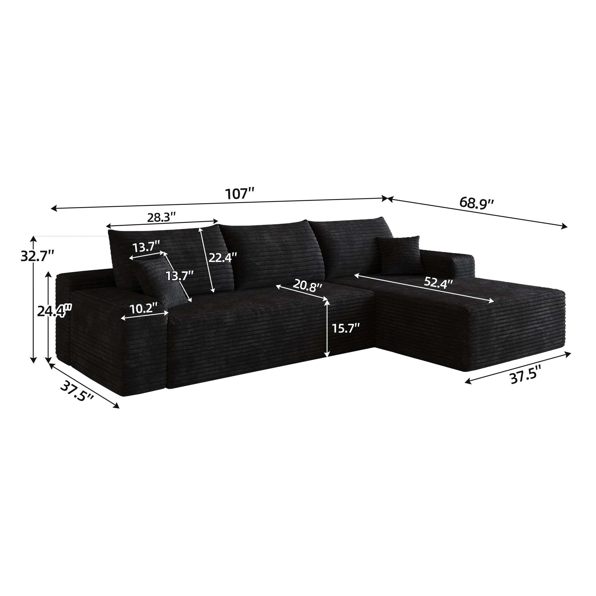 Cloud Sectional Couch 107-Inch with L-Shape Chaise and Deep Seat, Modular Sofa and Corner Couch for Living Room Bedroom, No Assembly Required, Black
