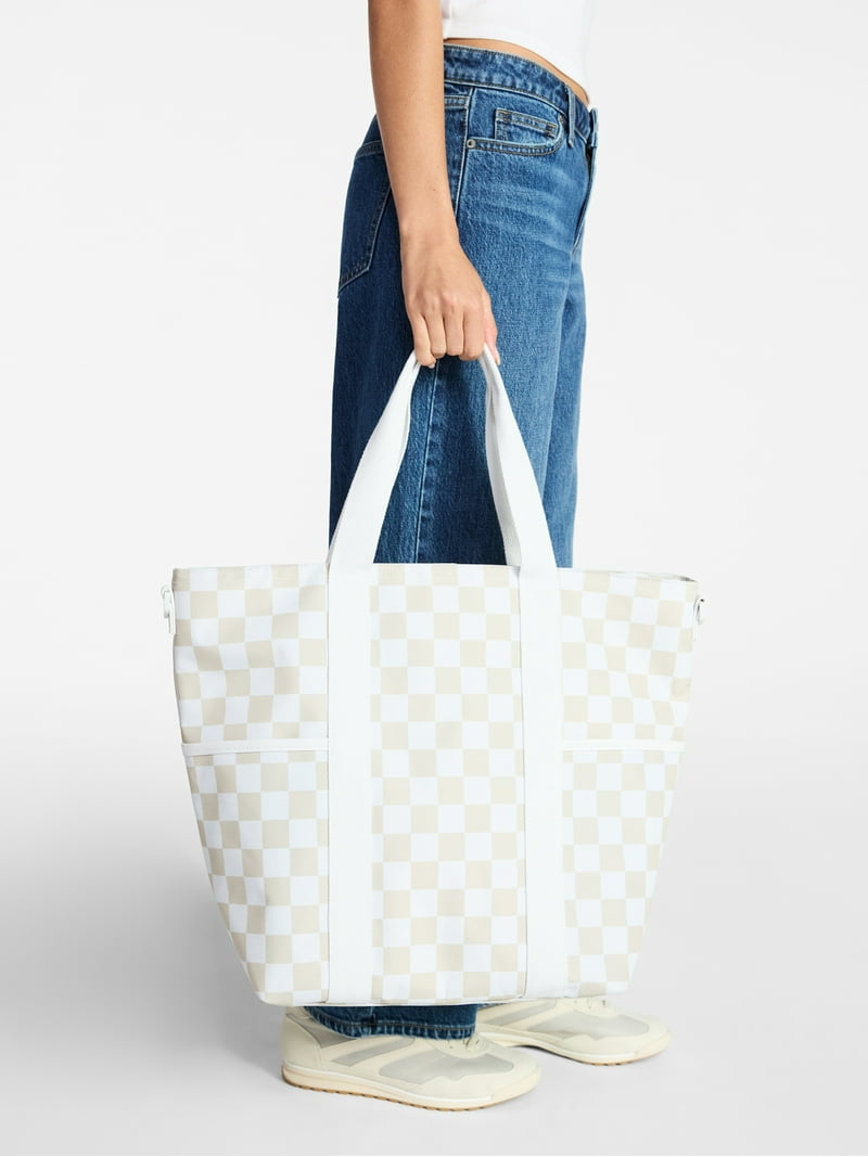No Boundaries Women's Beach Insulated Tote Bag, Tan Checker