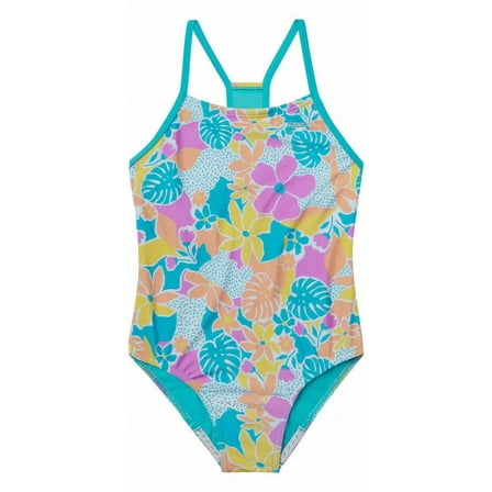 Speedo Girls Thin Strap One Piece Swimsuit (US, Alpha, X-Small, Regular, Floral Turkish Sea Blue)