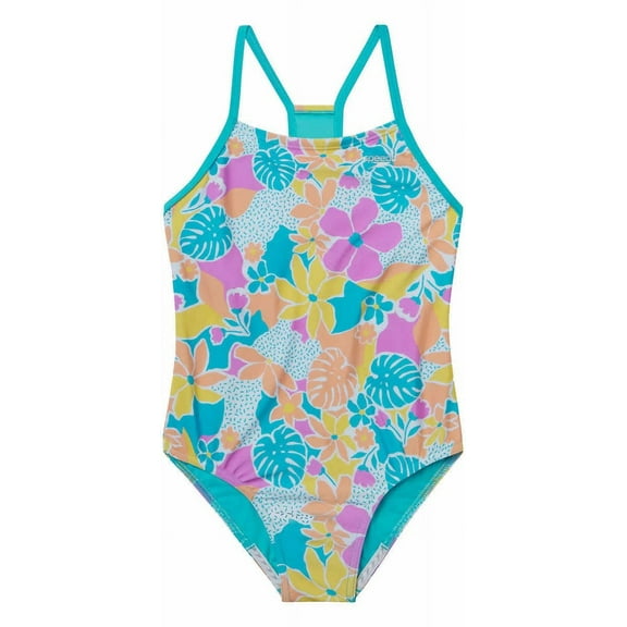 Speedo Girls Thin Strap One Piece Swimsuit (US, Alpha, X-Small, Regular, Floral Turkish Sea Blue)