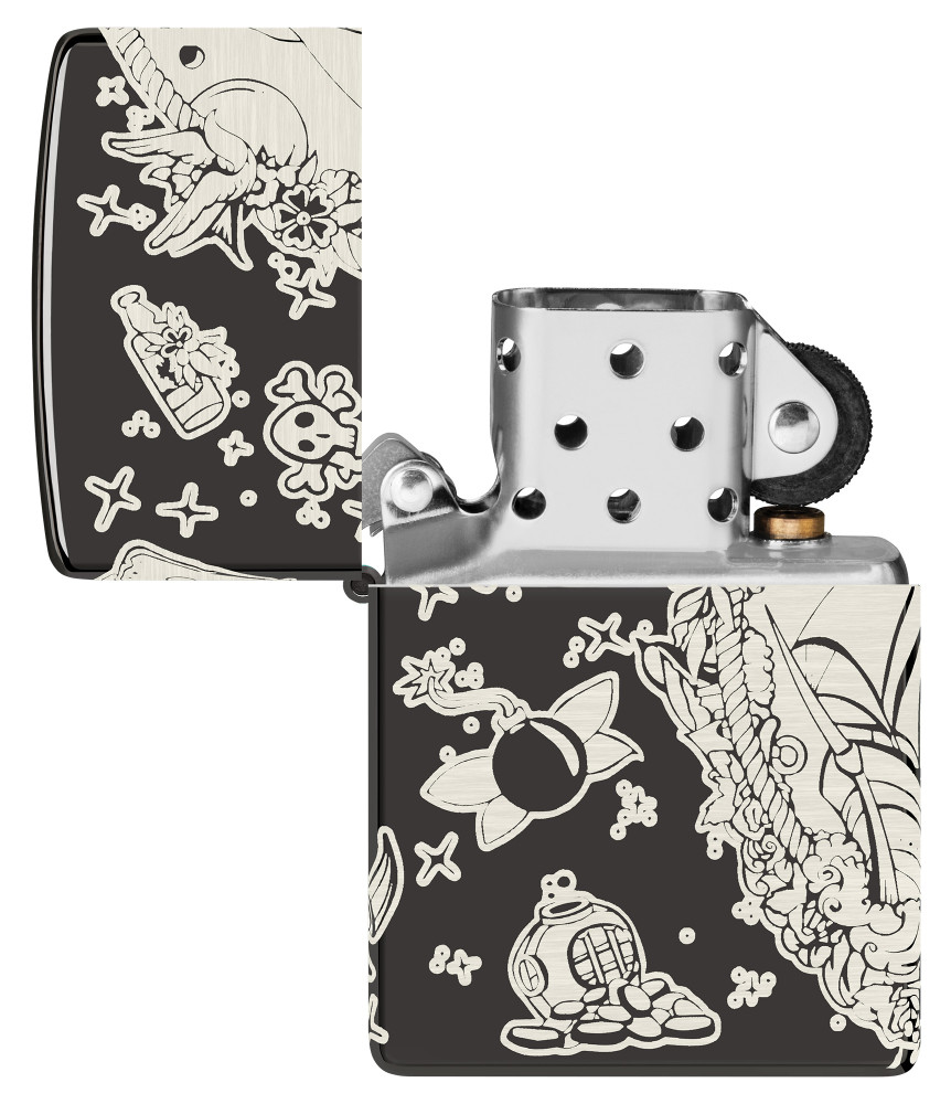 Zippo Laser 360° Pirates Treasure Design High Polish Black Pocket Lighter