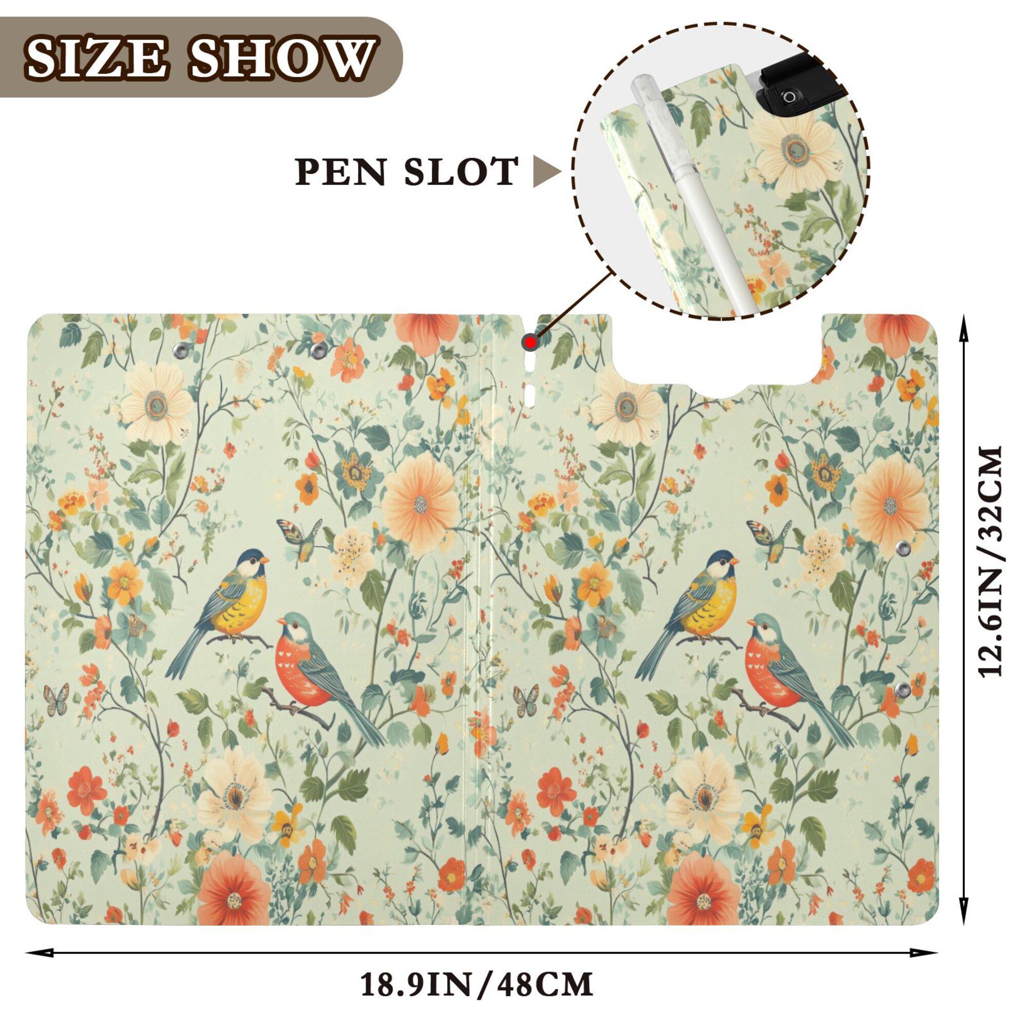 FORMRS A4 Clipboard Folder with Pen Holder Horizontal Foldable School Office Binder, Green Floral Pattern