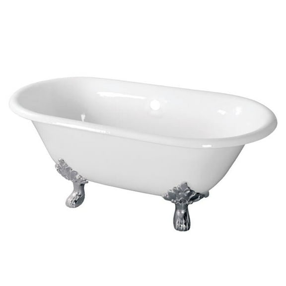 60 in. Cast Iron Double Ended Clawfoot Tub No Faucet Drillings - Polished Chrome, White