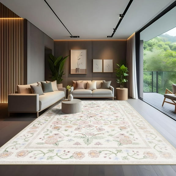 Jamfeel Vintage Floral Print Rugs Distressed Washable Low Pile Non-Slip Carpet for Living Room, Bedroom, Indoor Home Decor 6'x9' Beige