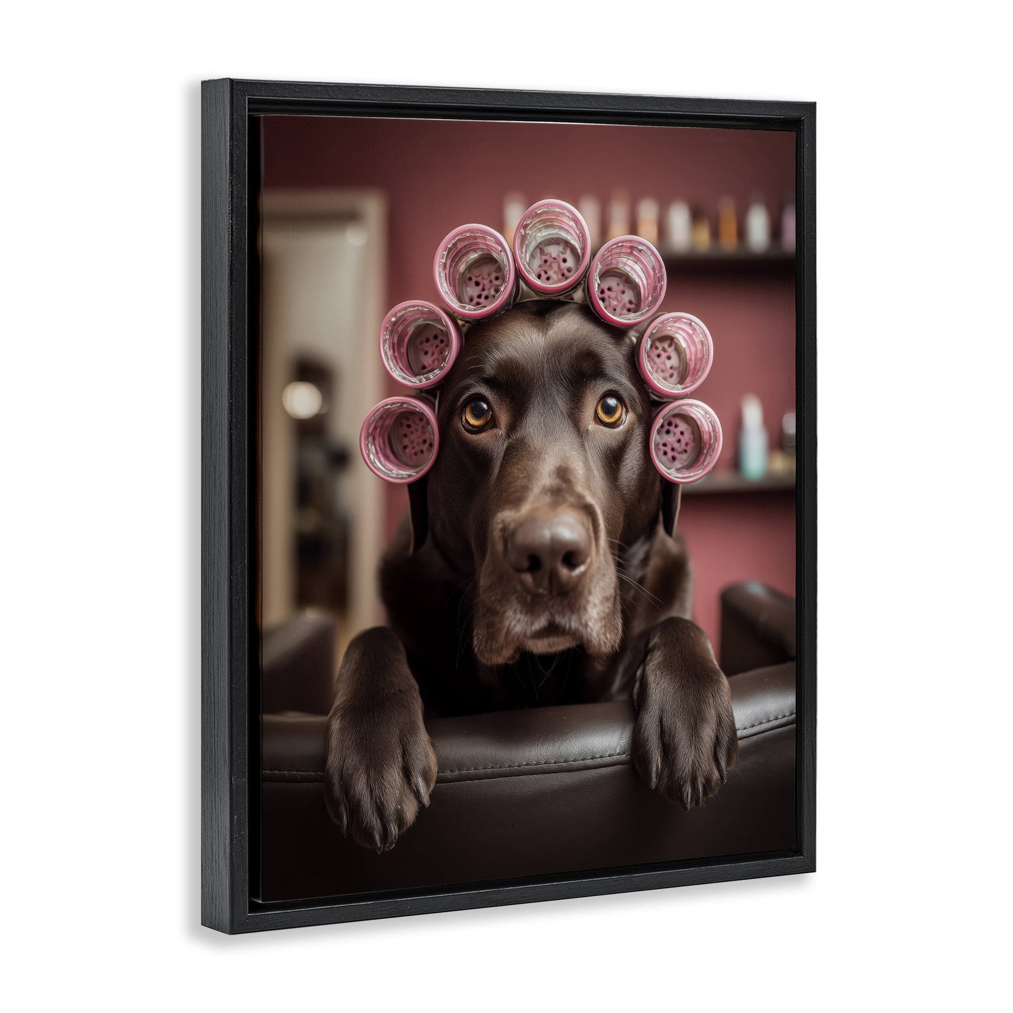 Stupell Industries Dog at Salon with Curlers Black Framed Floater Canvas Wall Art, design by Scott Stulberg