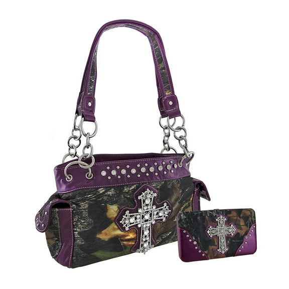 Deep Forest Camouflage Rhinestone Cross Purse/Wallet Set Purple Trim
