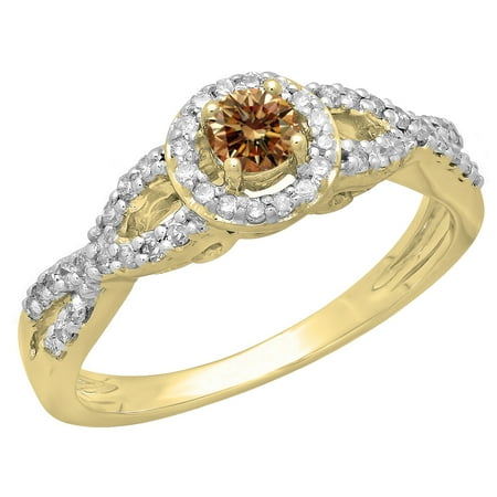 Dazzlingrock Collection 0.50 Carat (ctw) 14K Champagne & White Diamond Swirl Halo Engagement Ring 1/2 CT, Yellow Gold, Size 6