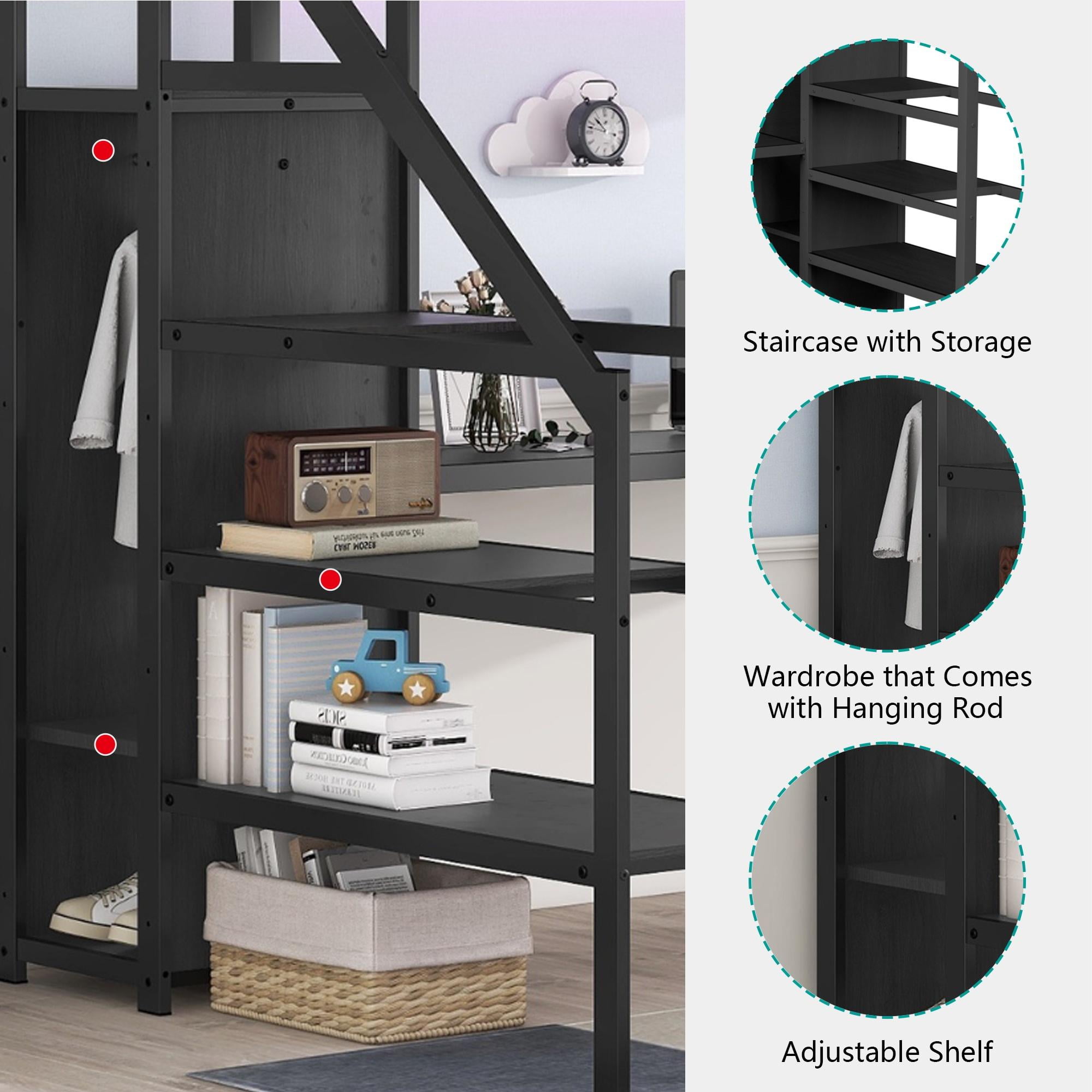 Full Size Loft Bed with Desk and Stairs, Metal Loft Bed Frame with Wardrobe and USB Charging Station