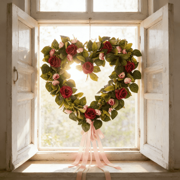 JEWLALO 22" Rose Valentine's Day Heart Wreath, Multicolor, Spring Valentine's Day Wreath for Front Door, Indoor Outdoor Decors