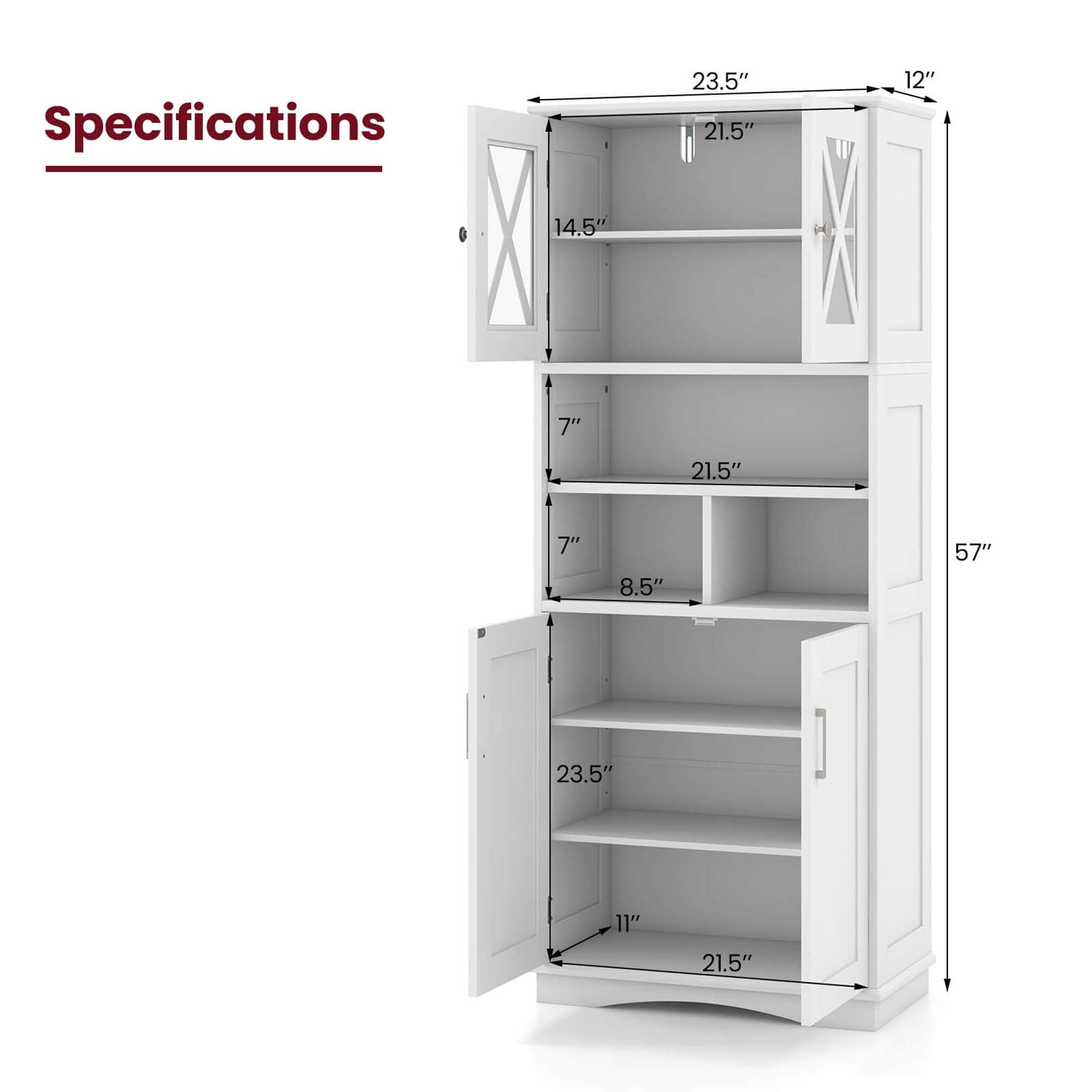 Costway Tall Bathroom Cabinet Large Floor Storage Cabinet with Acrylic Doors & 3 Cube White