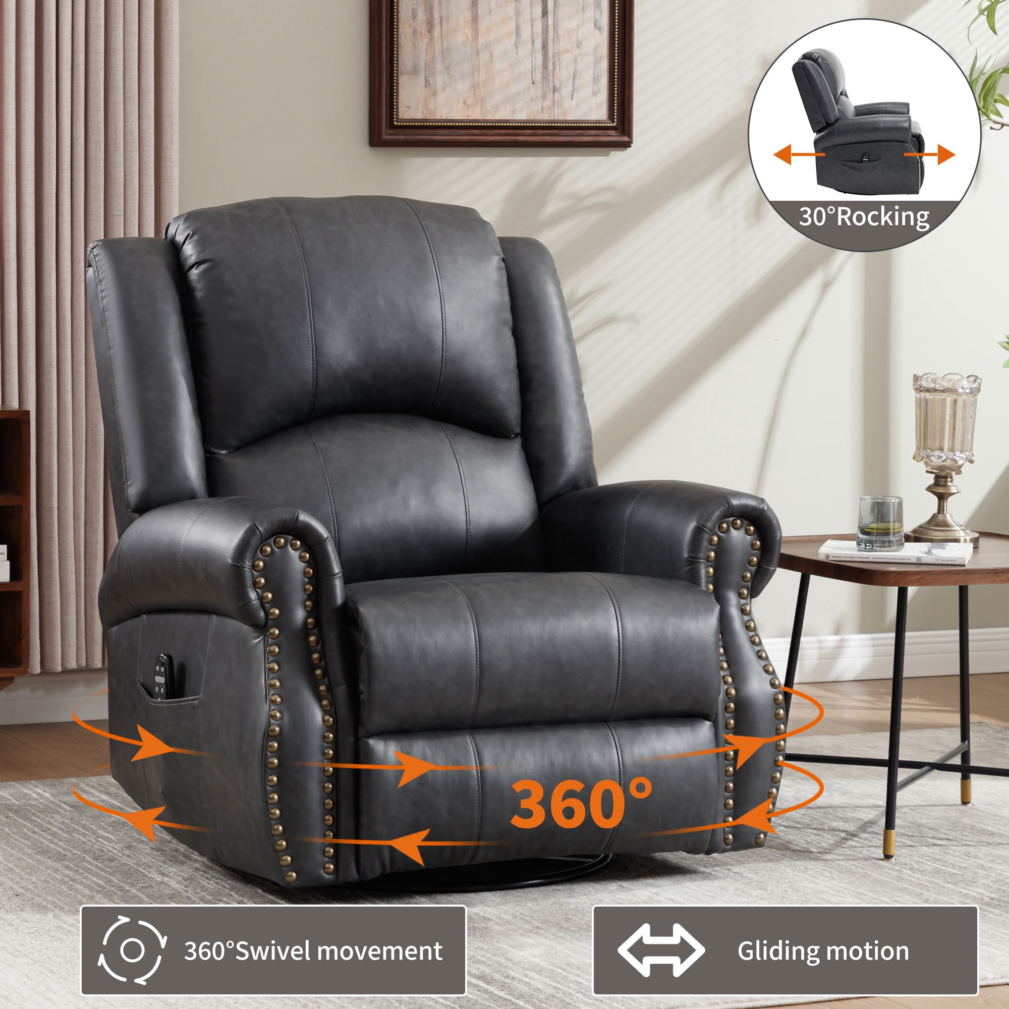 MAYEERTY 360 Degree Swivel Rocker Recliner Chair, Leather Manual Recline Glider Armchair with 8-Point Vibration Massage & Lumbar Heat, 350 LBS Capacity for Living Room Home Theater