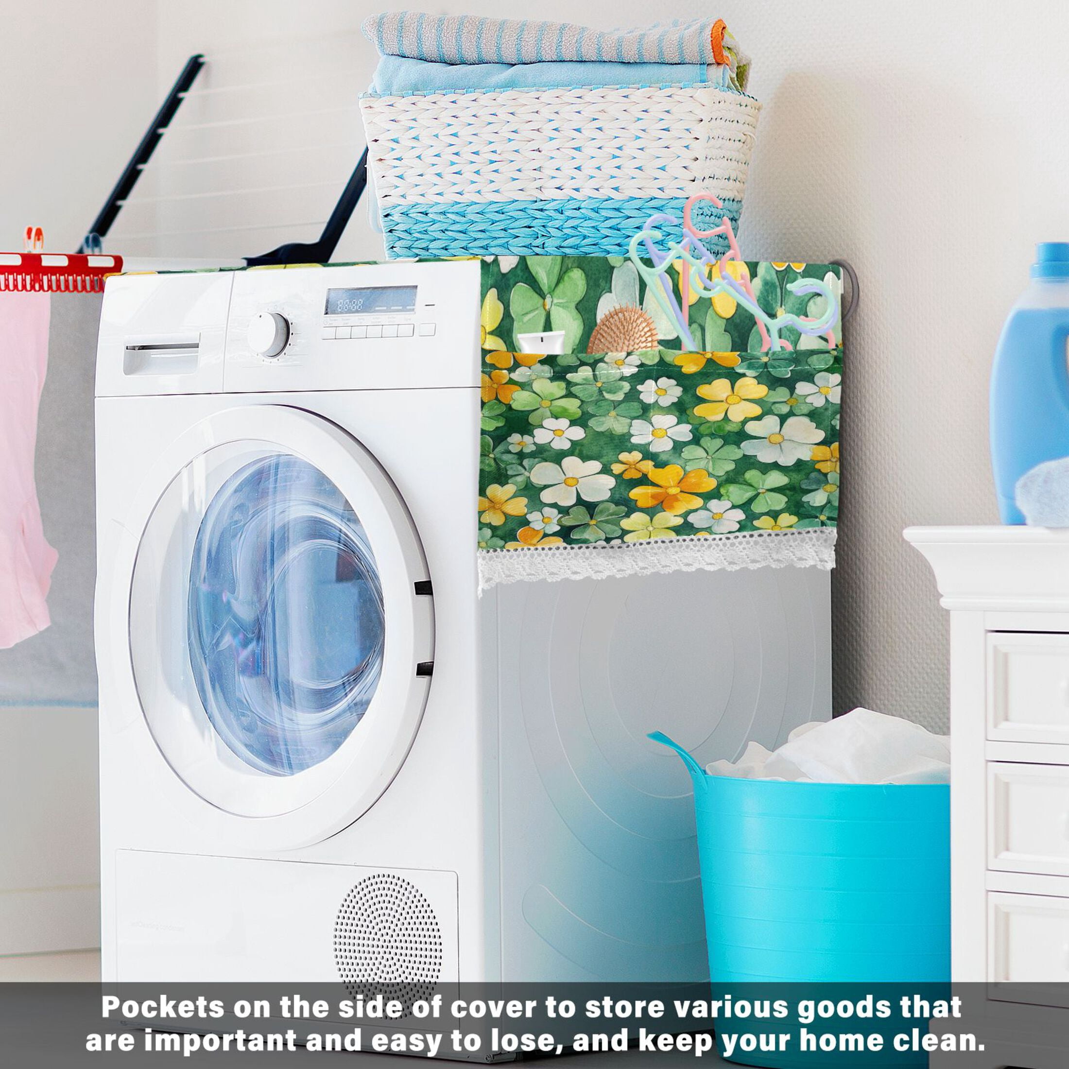 Green and Yellow BlossomsWasher and Dryer Covers Dust-Proof and Oil Resistant Fridge Cover with 4 Storage Pockets Washing Machine Top Cover for Laundry Kitchen Home 51.2 x 22 In