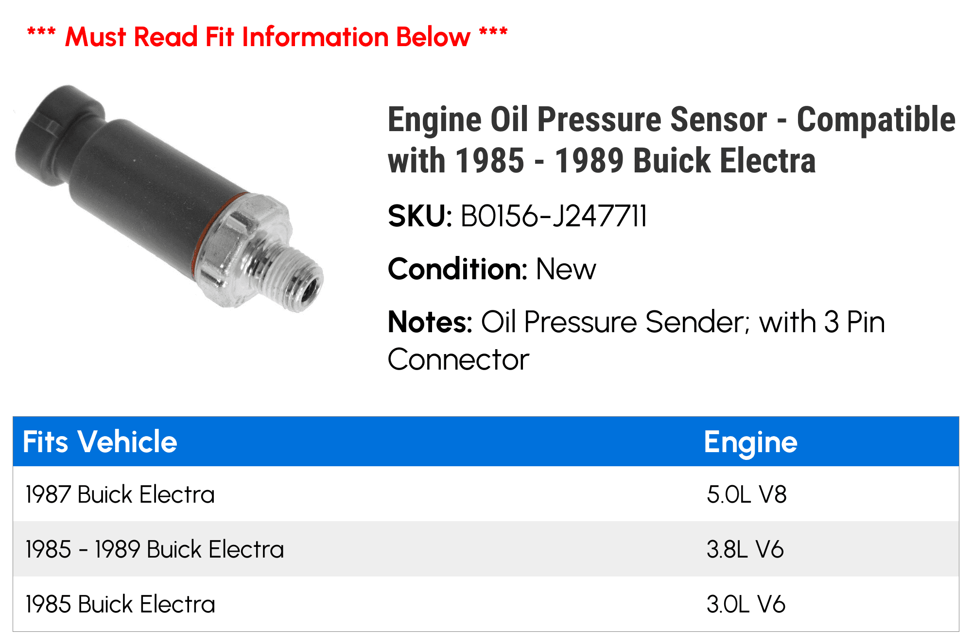 Engine Oil Pressure Sensor - Compatible with 1985 - 1989 Buick Electra 1986 1987 1988