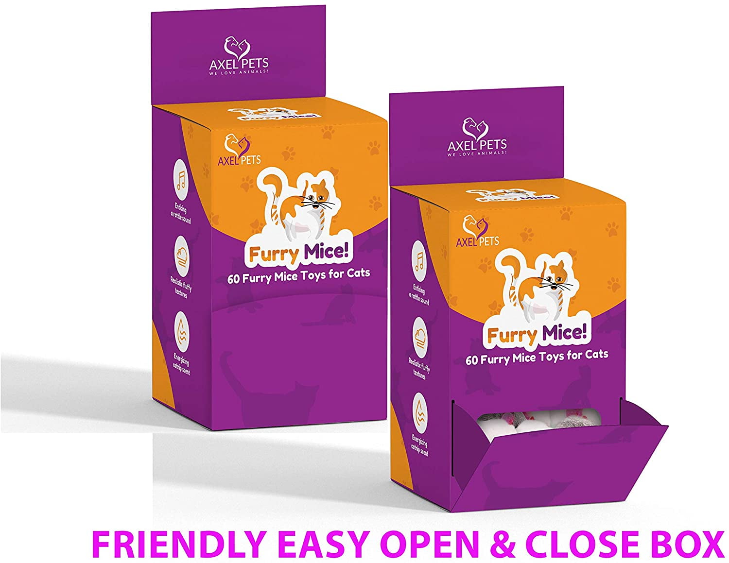 AXEL PETS 60 Furry Mice with Catnip and Rattle Sound Interactive Catch Play Mouse Toy for Cat, Box of 60 Mice