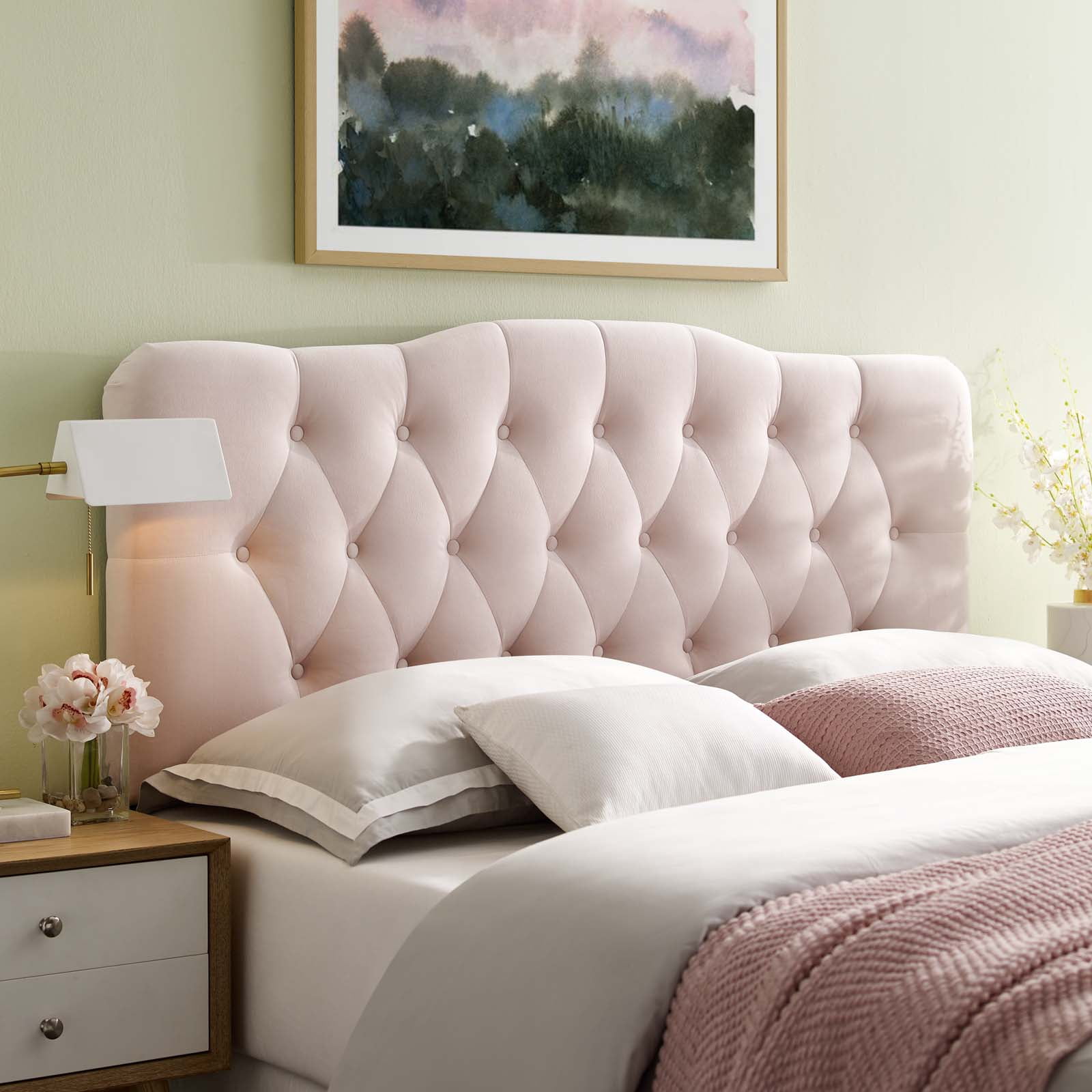 Contemporary Modern Urban Designer Bedroom Full Size Tufted Headboard, Velvet Fabric, Pink