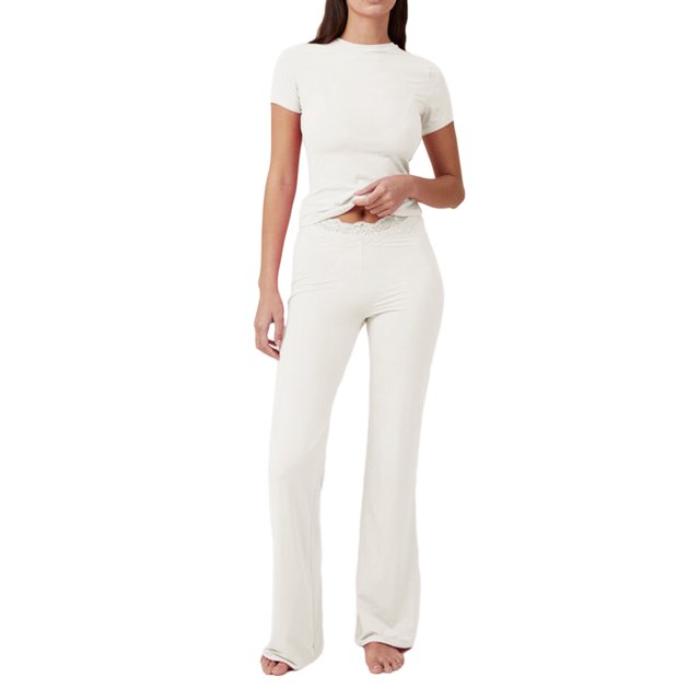 SUNSIOM Ensemble d'Été 2 Pcs pour Femmes Manches Courtes Col Rond + Pantalon Évasé Mode Urbaine