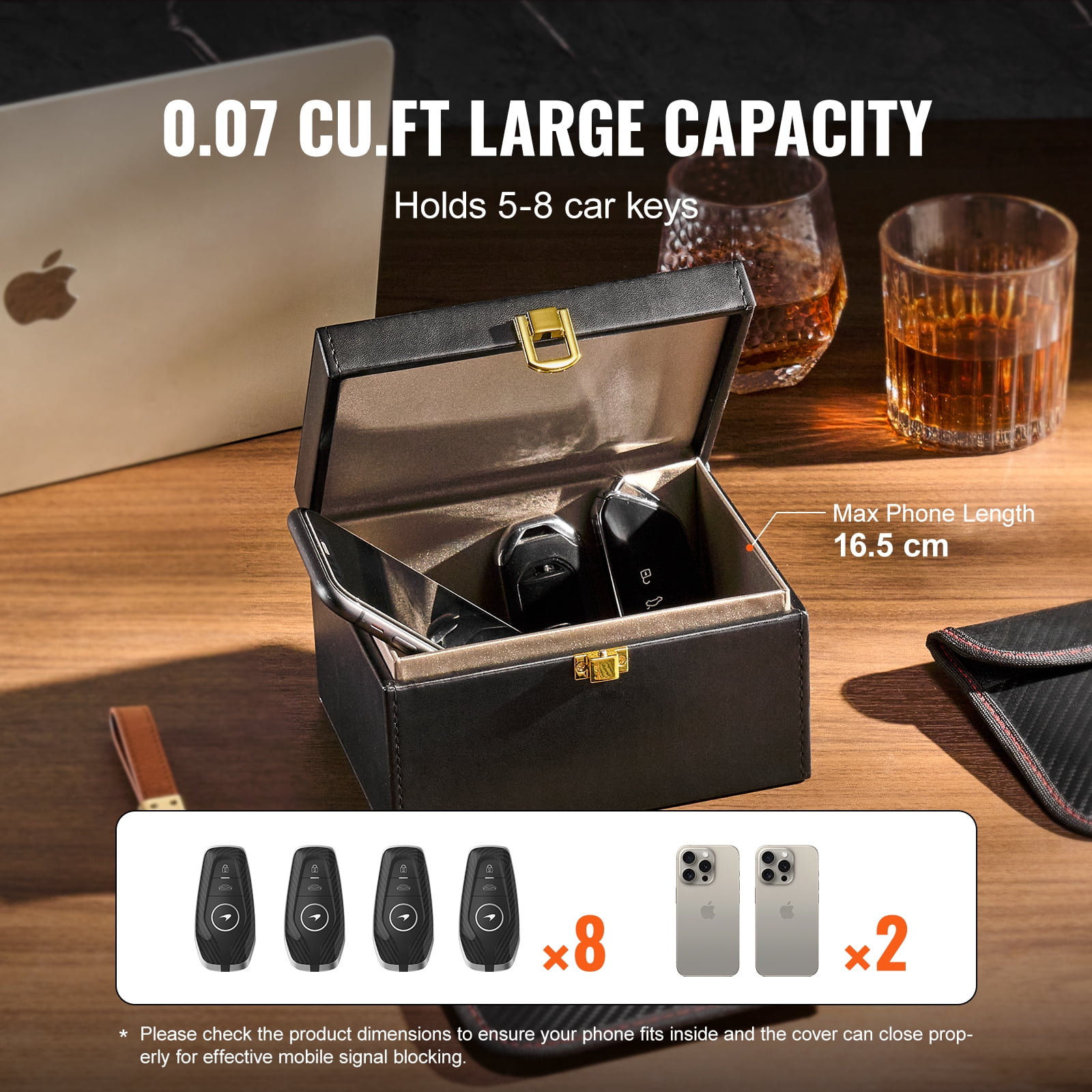 KFFKFF Faraday Container, Synthetic Leather, Signal Interruption Case, Includes Dual Key Pouches, Guards Against WiFi, RFID, GPS, Bluetooth & 5G, Security Box with Anti-Theft