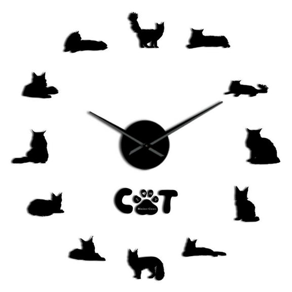 The Gentle Giant Maine Coon Wall Clock DIY Cat Silhouette Wall Art Stickers Decorative Large Wall Clock Contemporary Style Watch(Black,27inch)