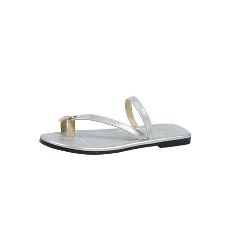 

Lumento Flat Sandals for Women Backless Beach Slides Toe Ring Sandals Fashion Summer Slide Shoes Silver 7