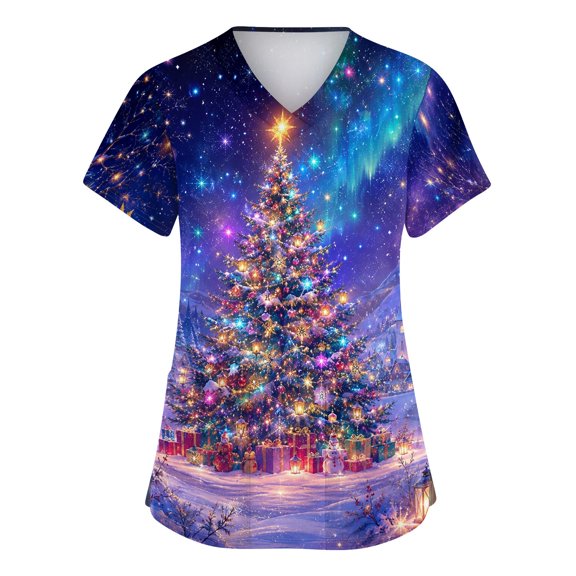 Garbnen Womens Christmas Scrub Tops Plus Size Christmas Tree Snowman Print Workwear Women Funny Merry Xmas Fall Winter Nurses Uniform with Pockets S-5XL