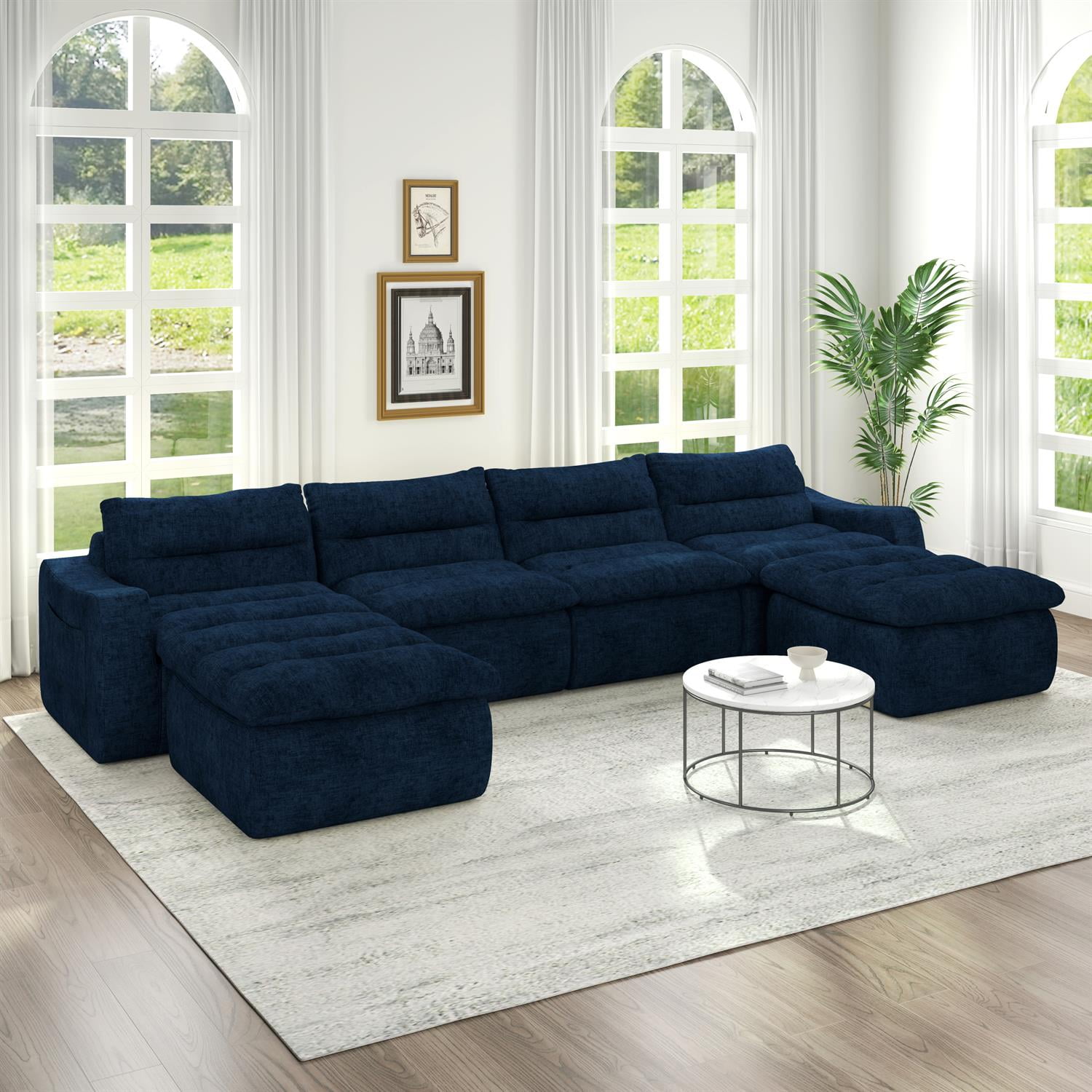 Demi Bonn 150" Modern L-Shaped Modular Sofa, Comfortable Beanbag Style, Stylish Lazy Couch for Living Rooms and Relaxation, Blue