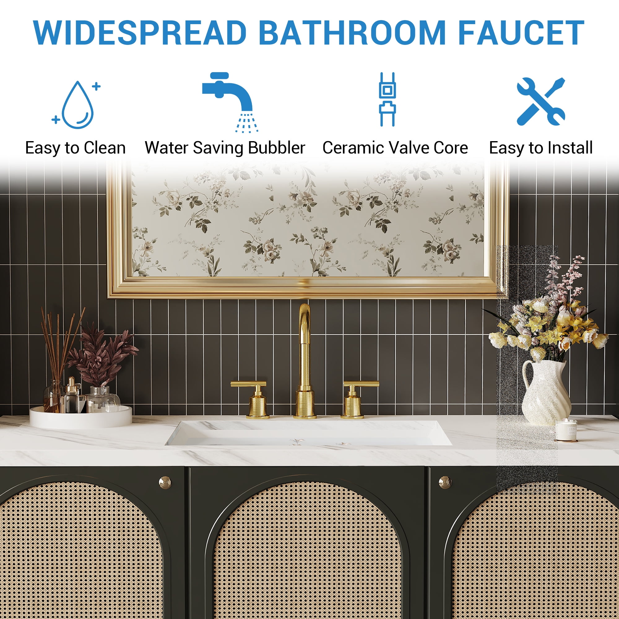 8" Widespread Bathroom Faucet - Brushed Nickel, Includes Pop-up Drain, gold