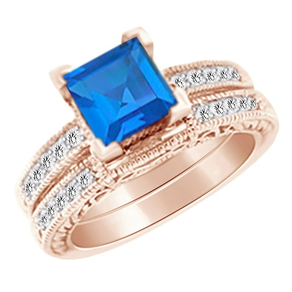 AFFY (2 cttw) Simulated Blue Topaz & White Natural Diamond Engagement Wedding Ring Set In 14k Rose Gold With Ring Size 4