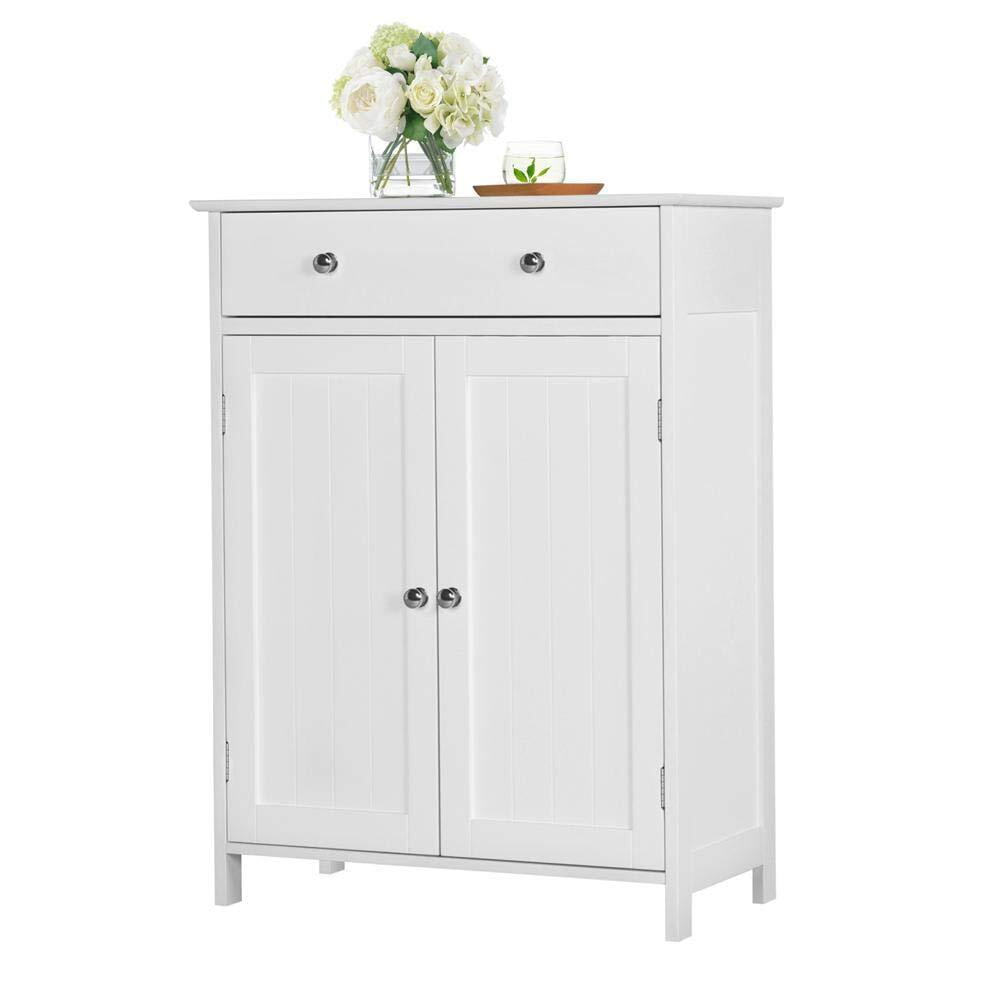 FASCK Wooden Bathroom Storage Cabinet, Modern Bathroom Organizer Cabinet with 3 Heights Adjustable Shelf, Drawer & 2-Door Shelf for Living Room Entryway, Easy Assembly, White