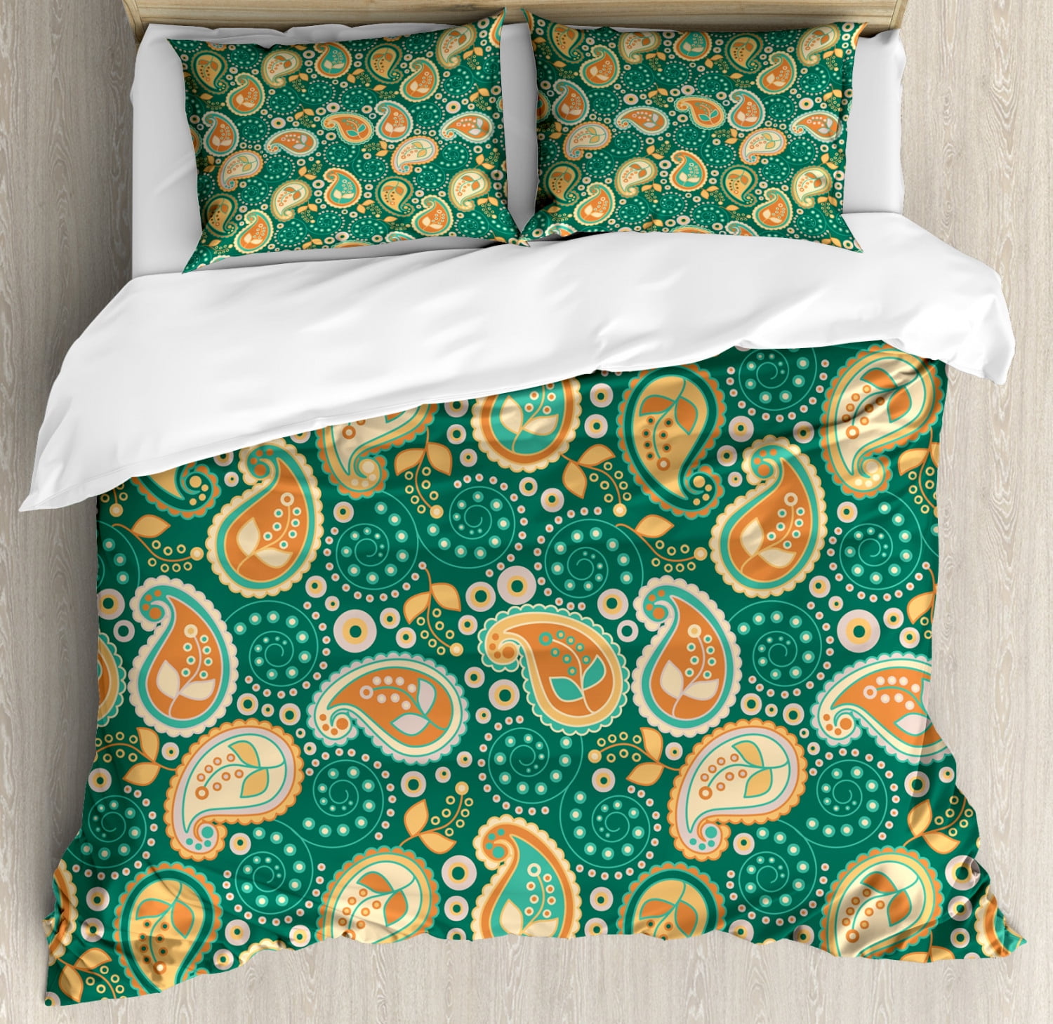 Ethnic Duvet Cover Set King Size, Ethnic Paisley Leaves with Arabesque