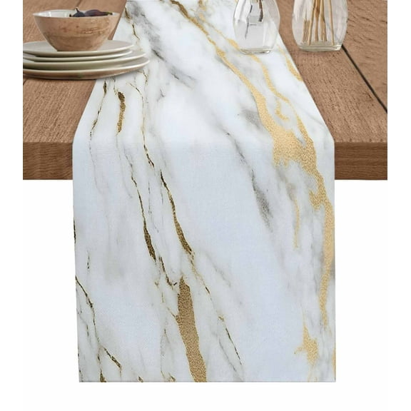 ERUNPONLY White Gold Marble Table Runner - 72 Inch Long Abstract Simple Geometric Cotton and Linen Blended Dress Scarves Farmhouse Table Runner for Kitchen Dining, Coffee Table, 13"x72"