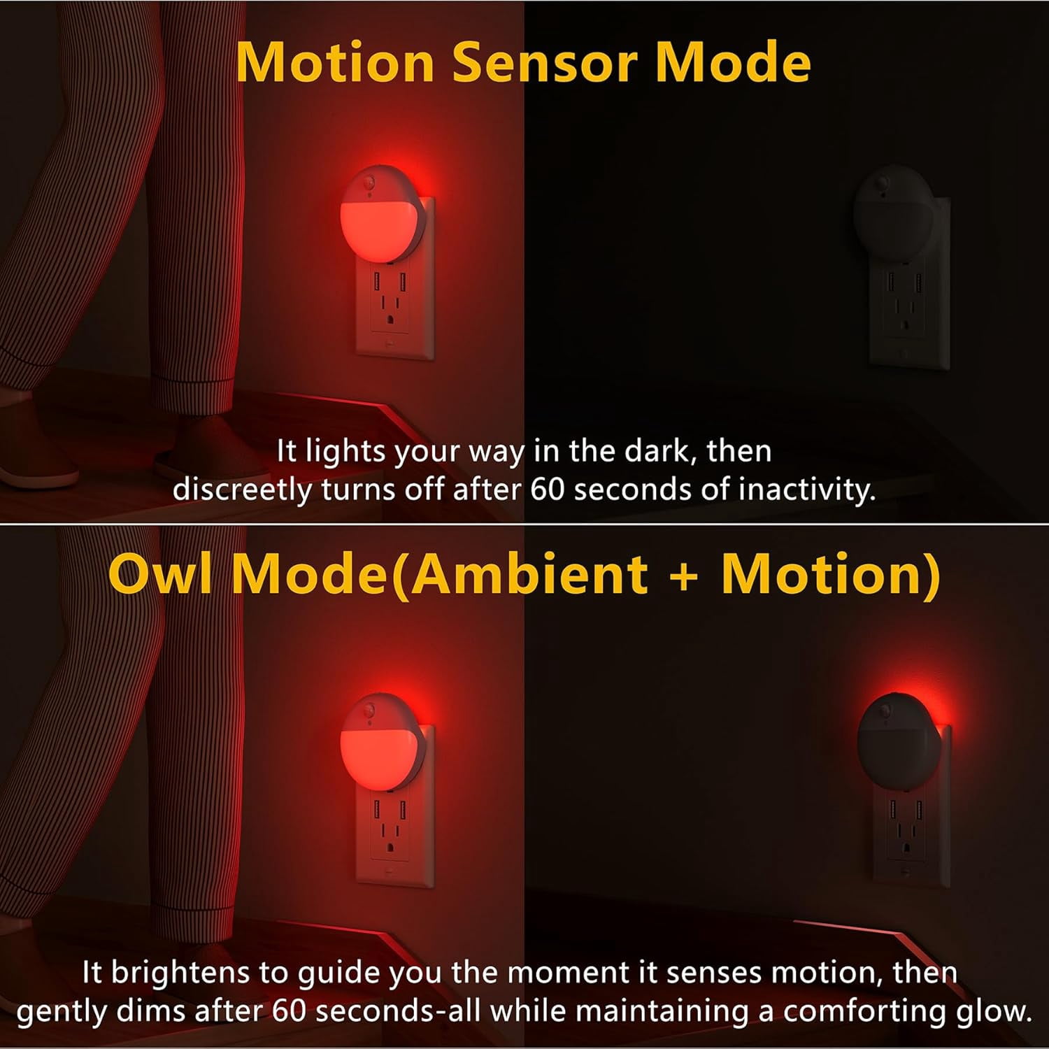 2 Pack Plug in Red Sleep Night Light with Motion Sensor and Dusk to Dawn Sensor, 3 Modes, Soft Glow, Stepless Dimming, LED Lights for Bedroom, Sleep, Baby Nursery, Kids, Toddler, Home Decor