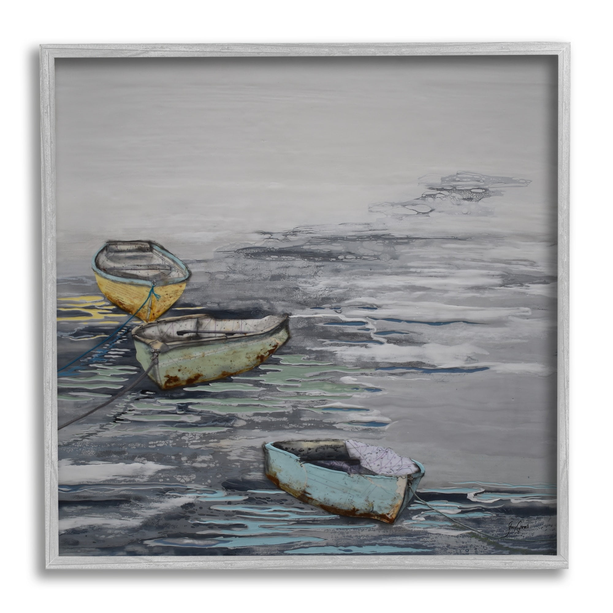 Stupell Industries Three Rowboats Floating Ocean Waves Layered Collage Painting Gray Framed Art Print Wall Art, Design by Stacy Gresell
