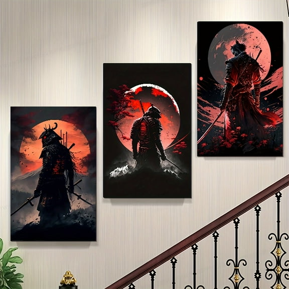 3pcs Set of Japanese Samurai & Mountain Anime Canvas Art Prints - Frameless, Retro & Modern Wall Decor for Living Room, Bedroom, Office